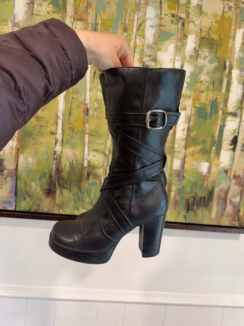 Skechers Black Platform Mid-Calf Boots with Straps and Buckle Size 6.5